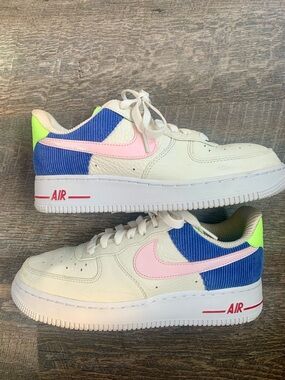 Nike Air Force 1 Low - Cream with Pink Swoosh & Blue Panels